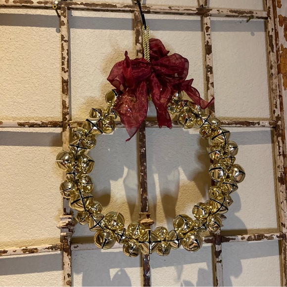 Pottery Barn gold jingle bell wreath with burgundy ribbon 12” - Picture 1 of 7
